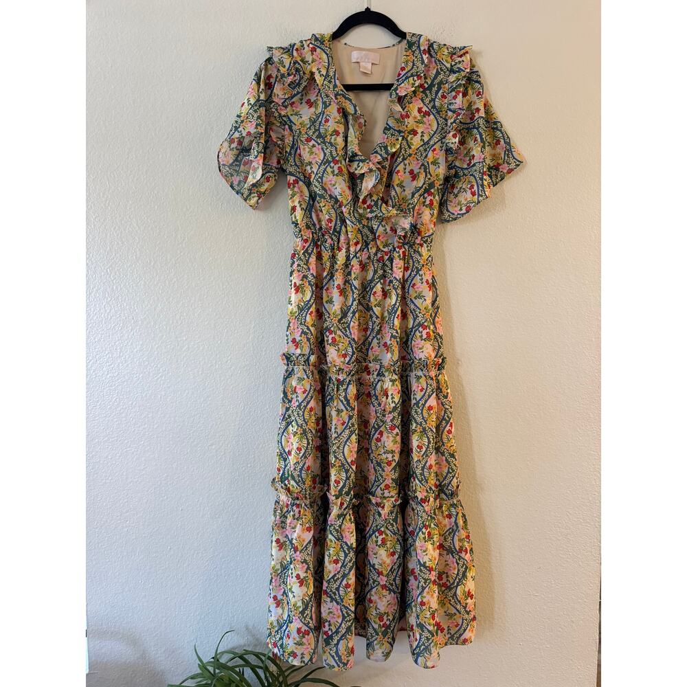 Rachel Parcell Chiffon Floral Surplice‎ Midi Dress XS Trellis Print Short Sleeve - Picture 2 of 11